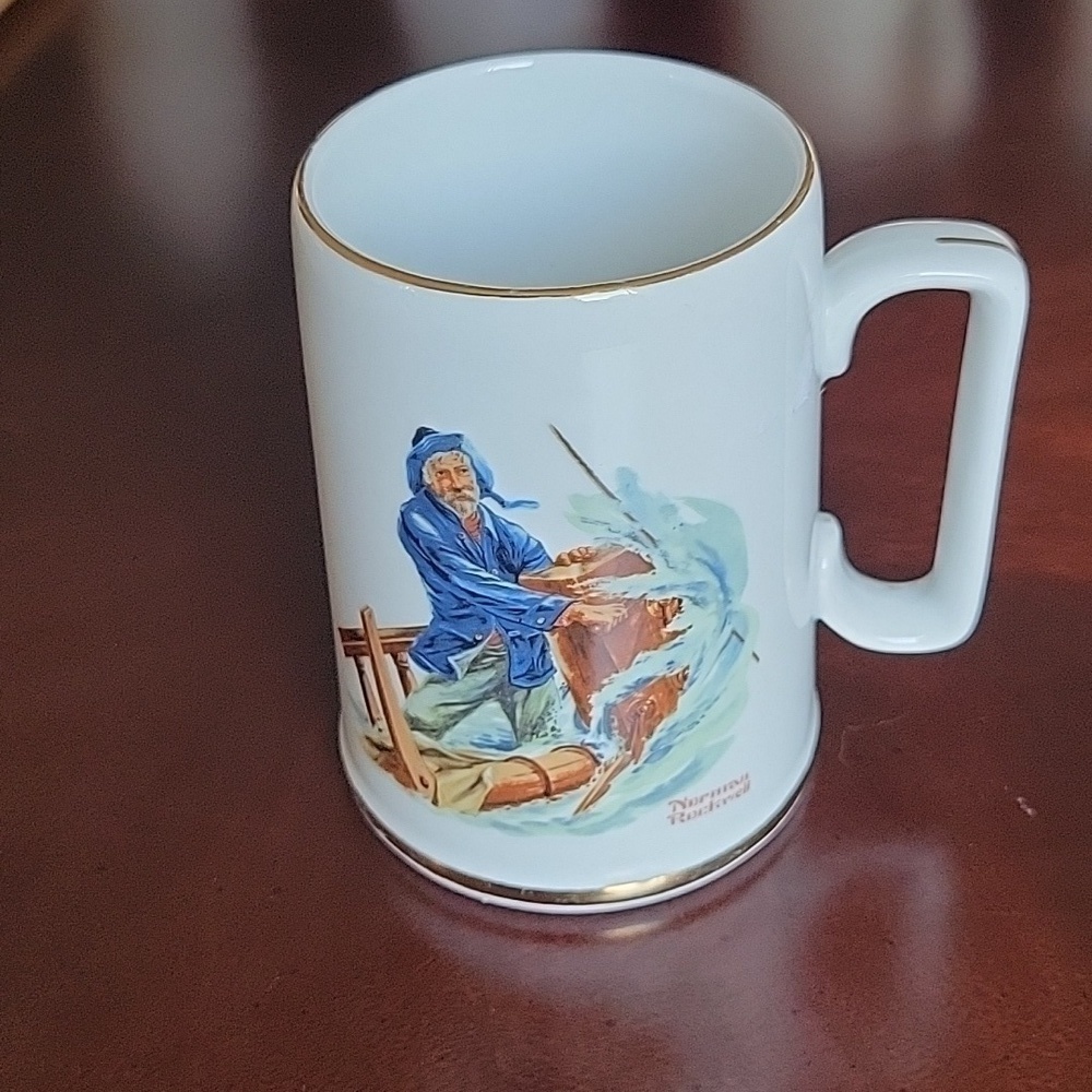 NORMAN Rockwell Fisherman Captain Coffee Mug “Braving The Storm” 1985